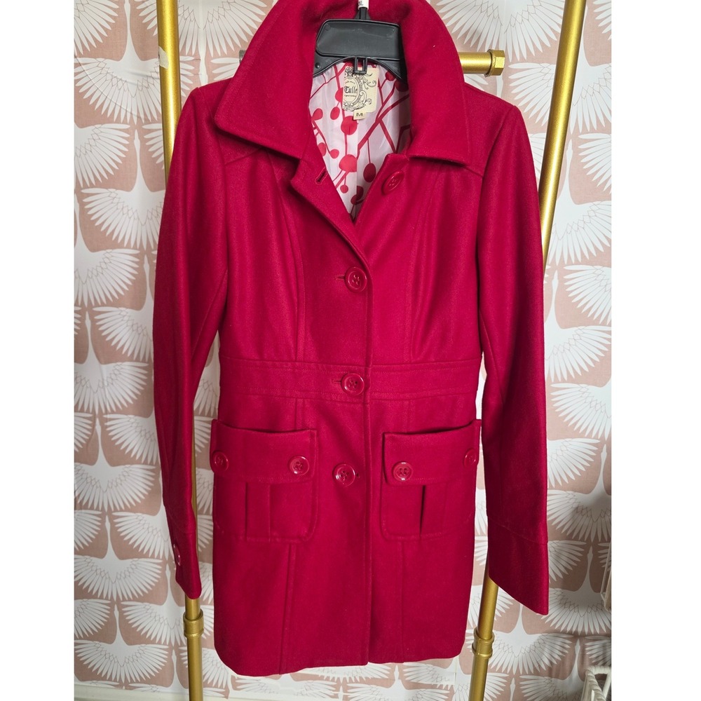 Tulle Red Wool Blend Pea Coat Size M Jacket Button Front Printed Lining Womens